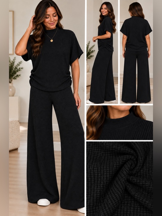 Zenana Outfitters Pants - Zenana, Cozy Soft Waffle Knit Wide-Leg Pants Set . Black
